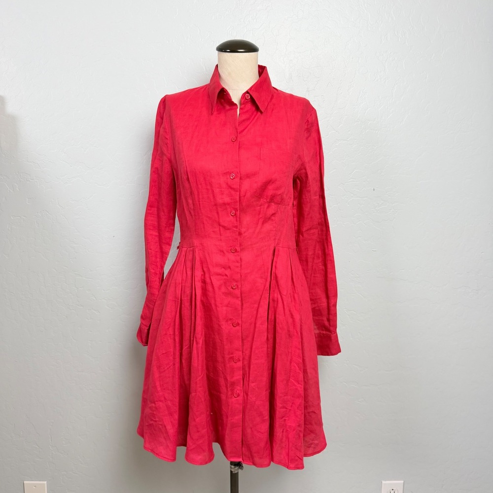 HD in Paris Anthropologie Red Linen Button Down Pleated Shirt Dress Size 4